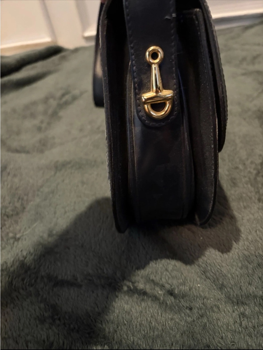 Vintage 80s Gucci GG Monogram Navy Crossbody Bag Web Stripe Gold Key Clasp - Picture 7 of 13